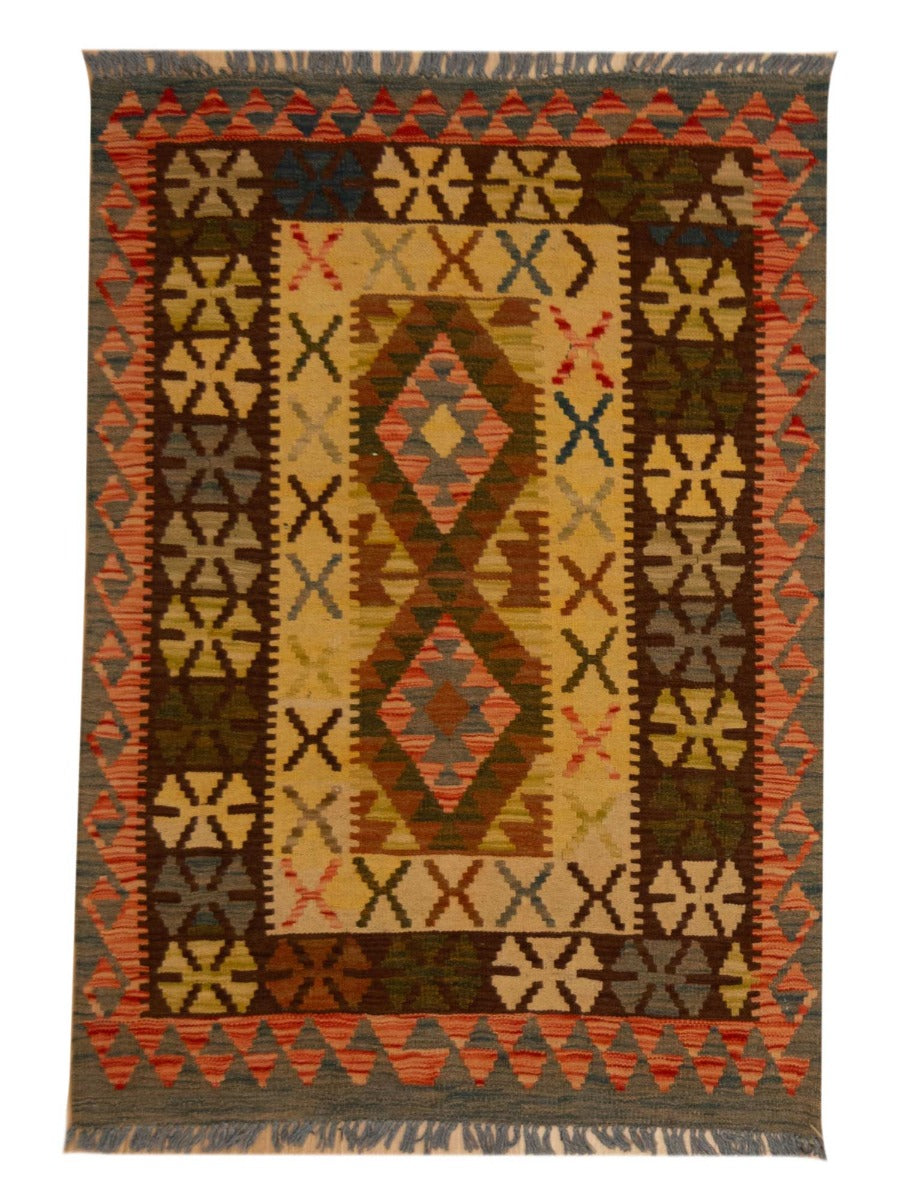 Geometric kilim rug in beige with red, orange, black and yellow diamond patterns