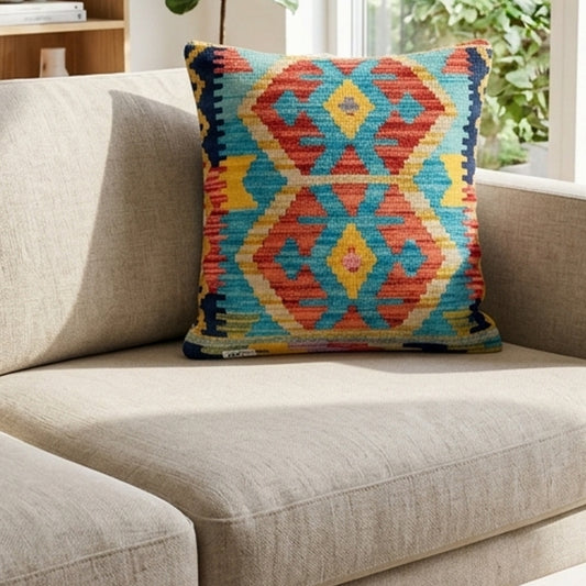 Turquoise kilim cushion cover, 35x55 cm, geometric diamond pattern in blue, red, yellow