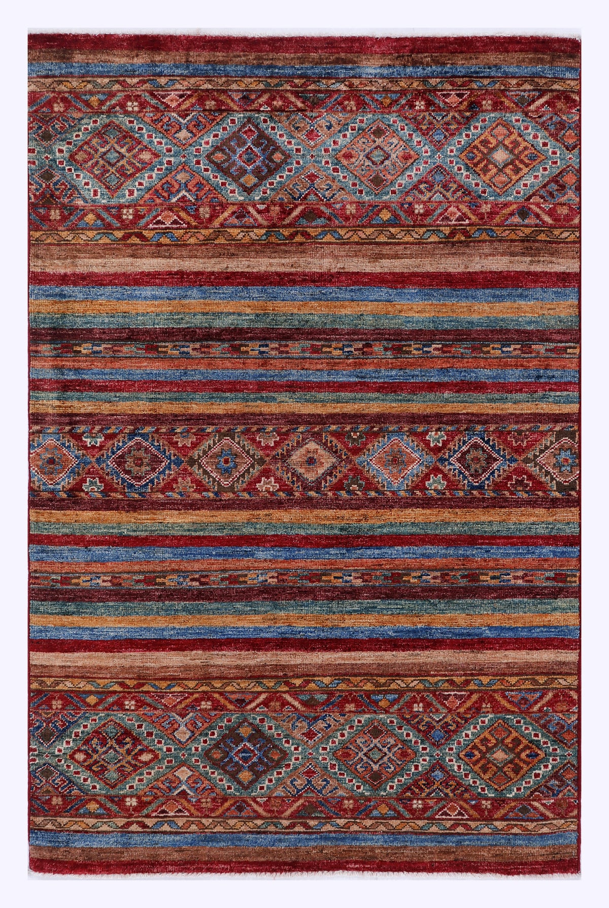 Red wool rug 140x91 cm with geometric diamond and stripe pattern