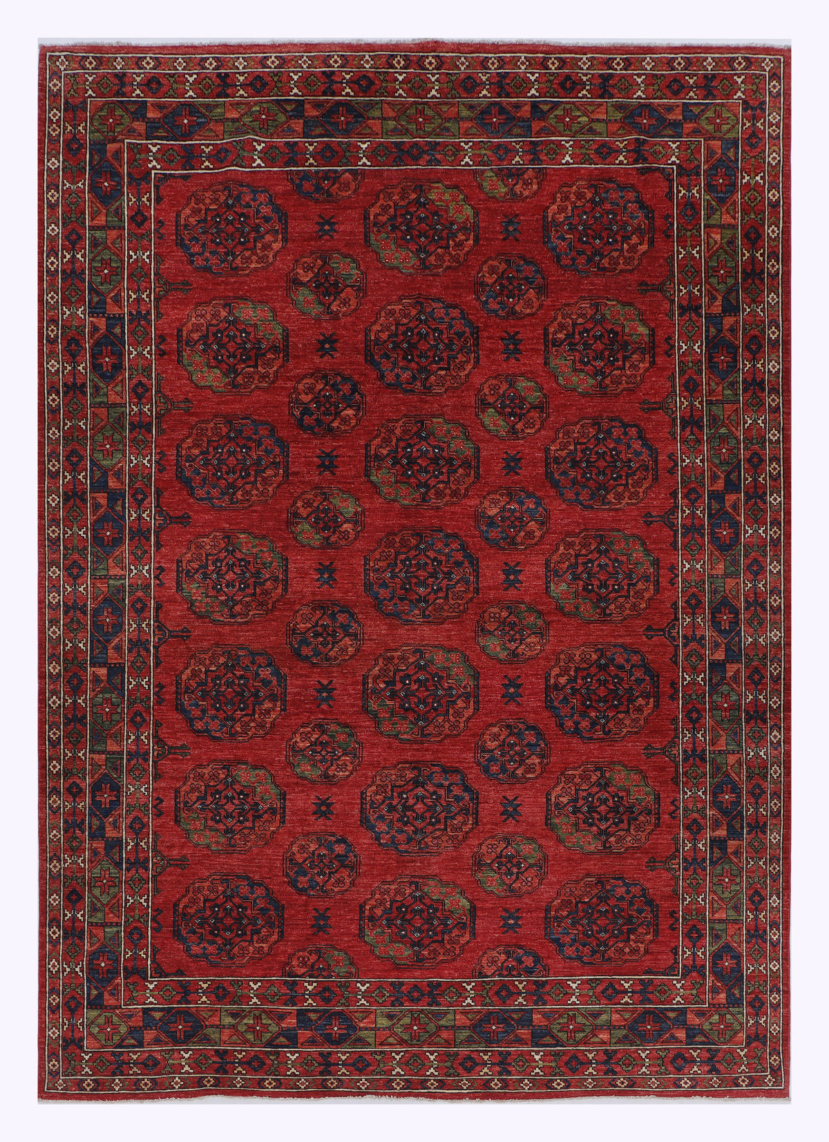 Red Ersari rug with repeating medallions and geometric border, rectangular 357x265 cm