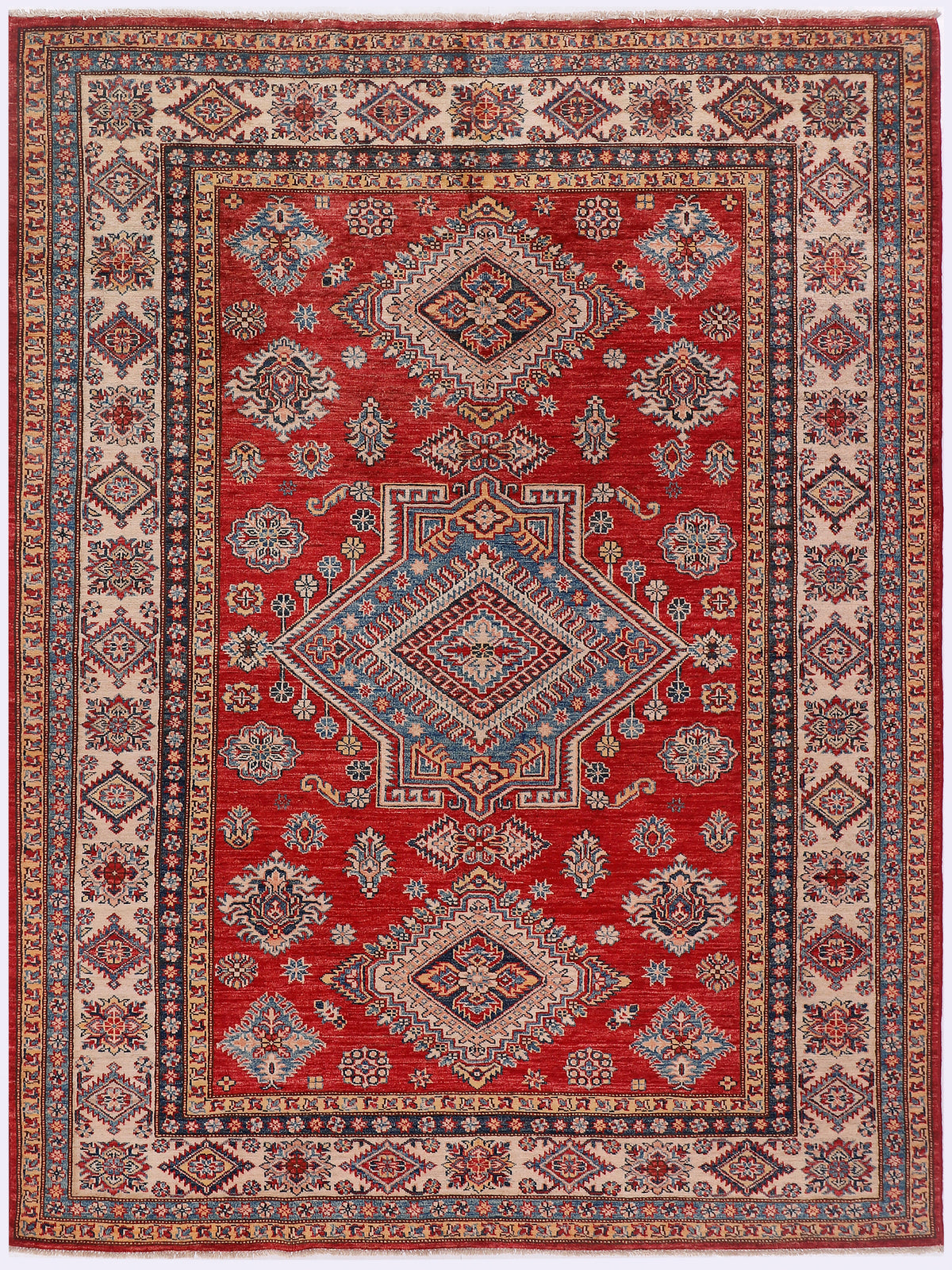 Kazak rug 239x173 cm with red field, blue border, diamond medallion pattern