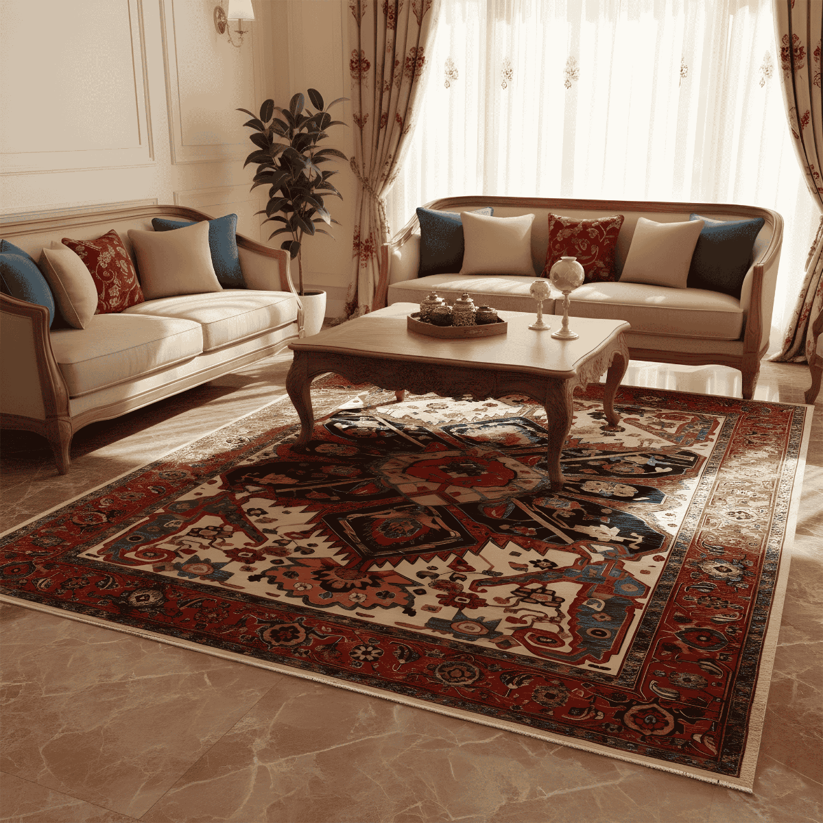 Chobi rug in red, navy and cream with large geometric medallions