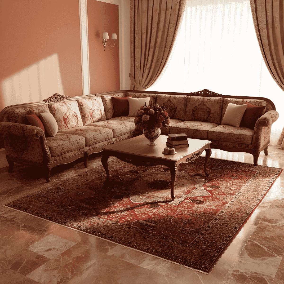 Mamluk rug area rug in red with central medallion and geometric motifs