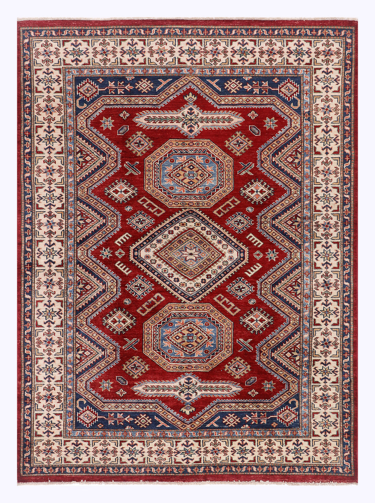 Red Kazak rug 206x150 cm with geometric medallion and patterned border