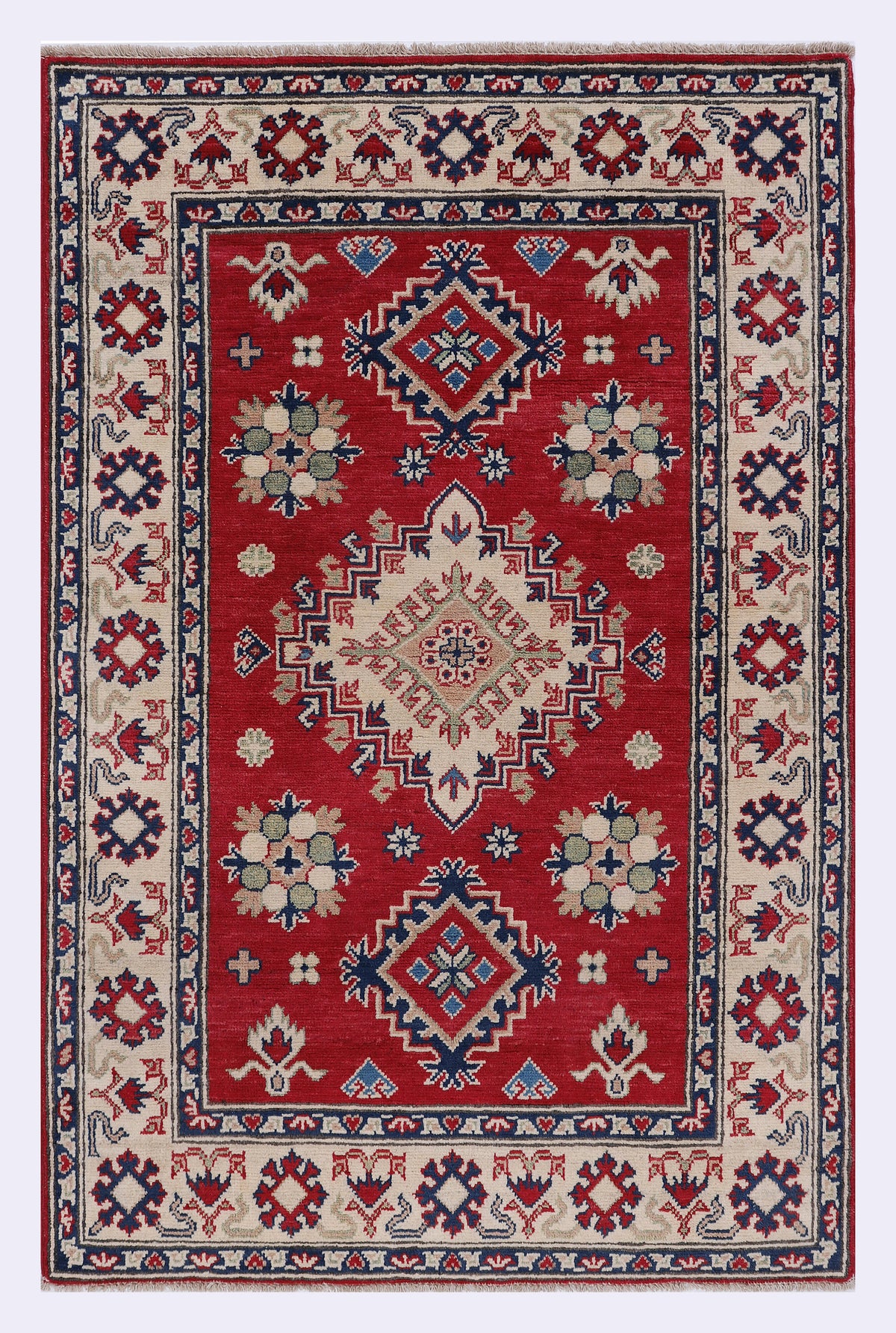 Kazak red rug with multicolor geometric border and center medallion, 152x99 cm
