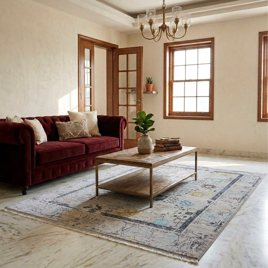 Ornate light gray area rug with blue and yellow patterns laid on a living room floor.