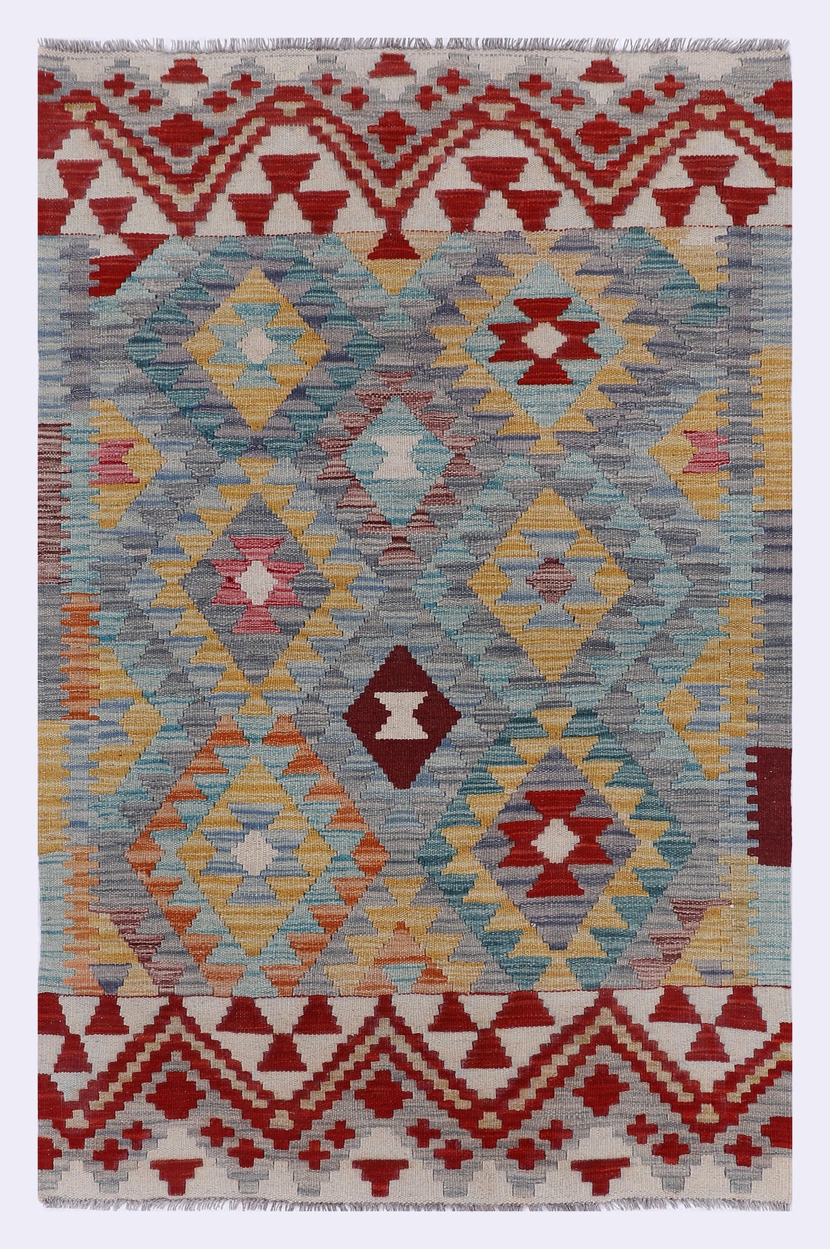 Grey kilim rug with red, blue, yellow diamond pattern, 157x101 cm