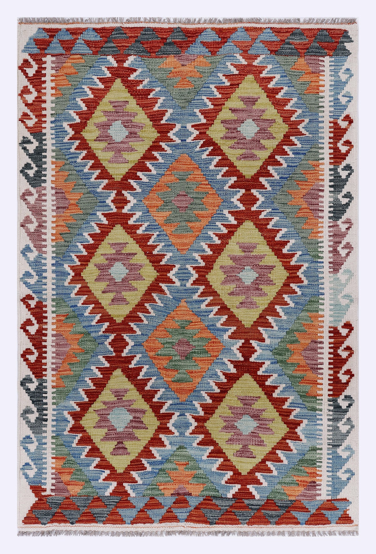 Red blue beige kilim rug with geometric diamond pattern and fringed border
