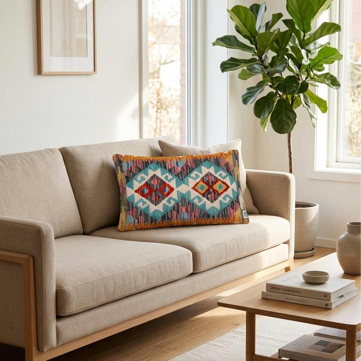 Turquoise kilim cushion cover with multicolor diamond geometric pattern, 35x55 cm