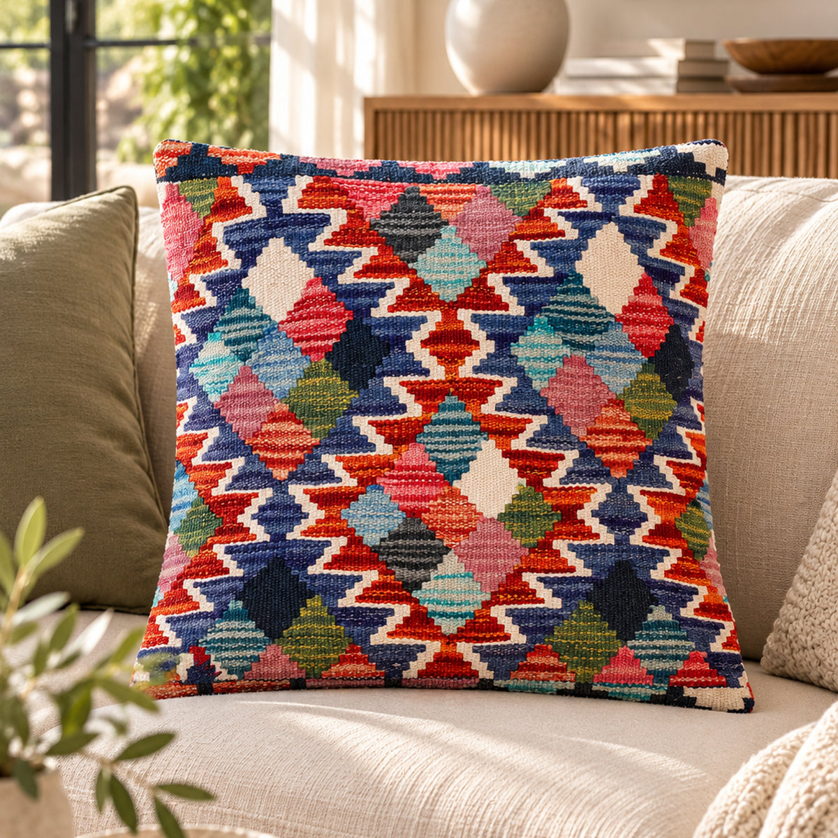 Geometric multicolor Kilim cushion cover on sofa, 45x45 cm square