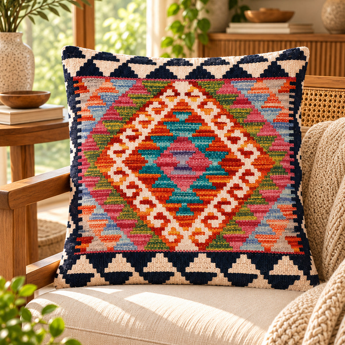 Colorful medallion kilim cushion cover with navy border, geometric pattern, 45x45 cm