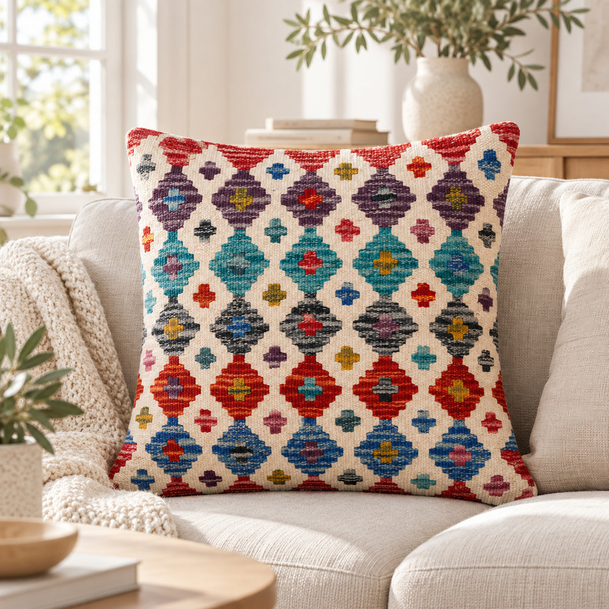 Diamond kilim cushion cover with red, blue, and multicolor squares on a sofa, 45x45 cm
