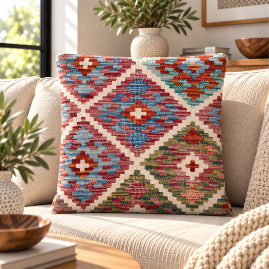 Kilim cushion cover 45x45 cm with blue geometric cross diamond pattern
