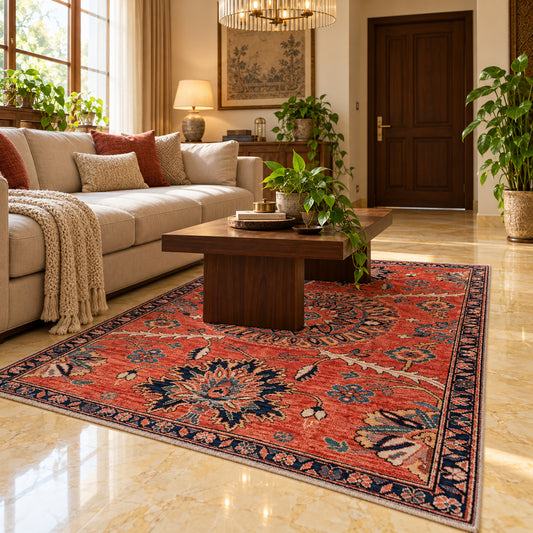 Red patterned area rug in a living room with blue border and medallions