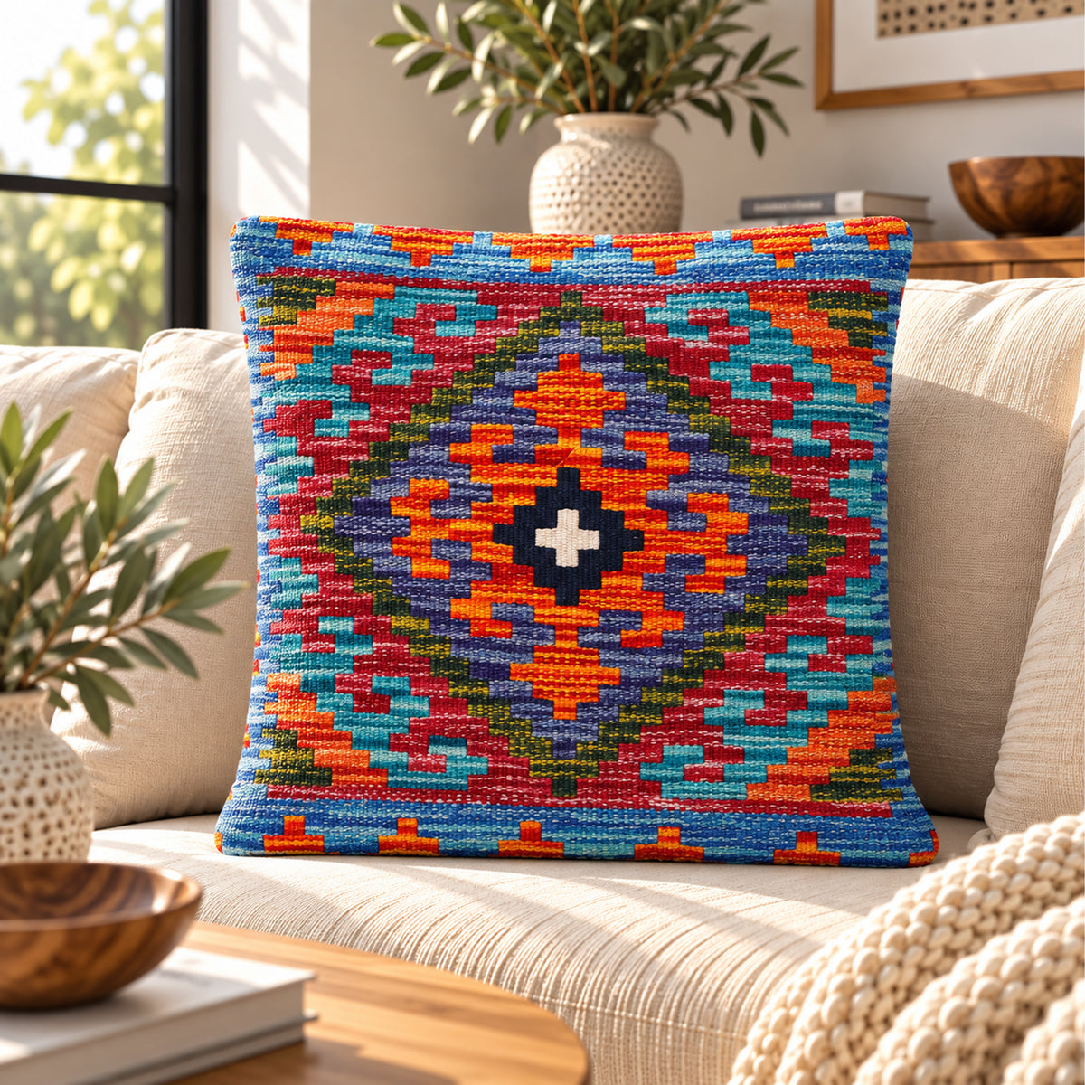 Multicolor kilim cushion cover, square 45x45 cm, blue base with geometric star pattern