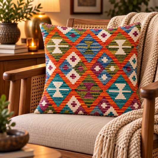 Kilim cushion cover with orange diamond geometric pattern, multicolor; 45x45 cm