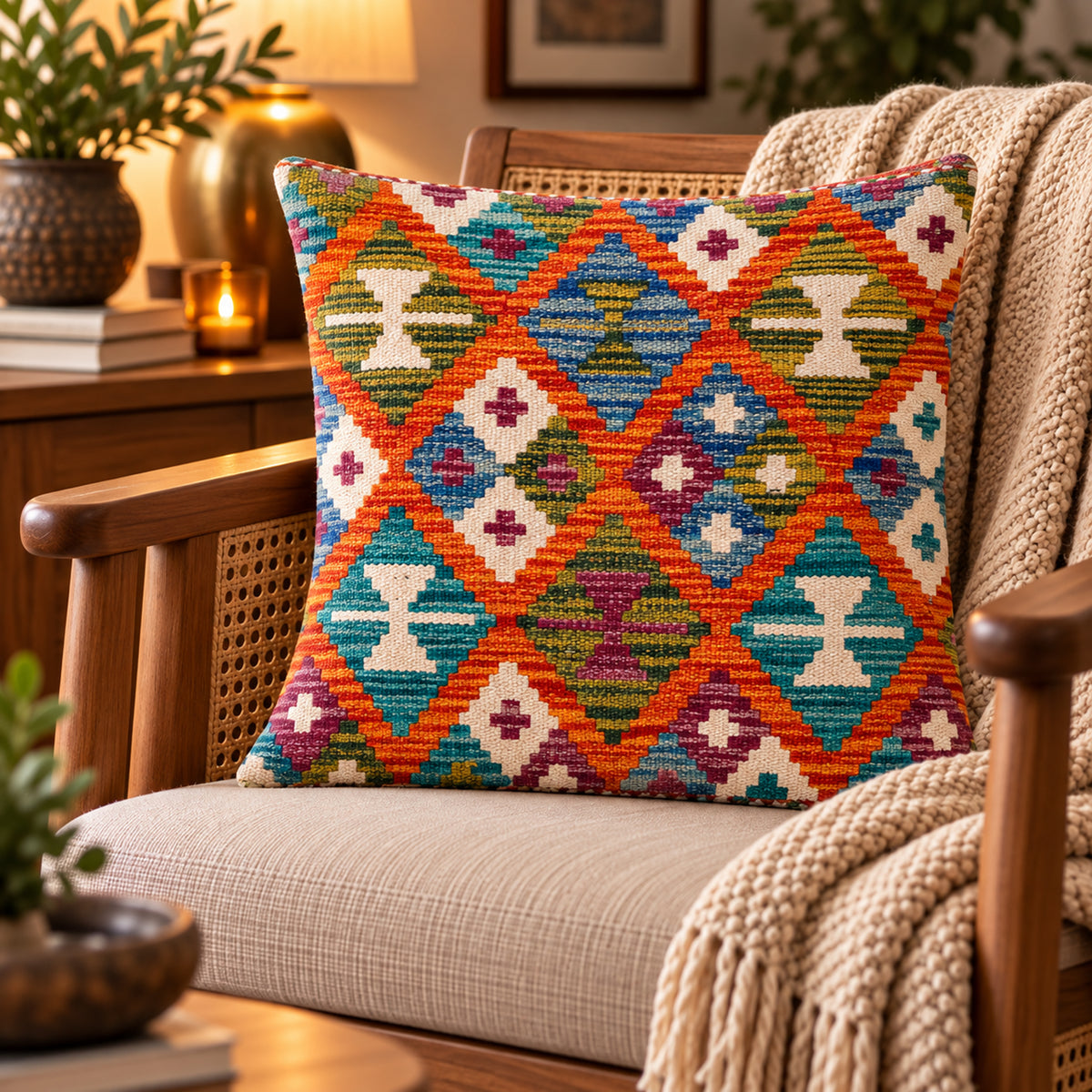 Kilim cushion cover with orange diamond geometric pattern, multicolor; 45x45 cm