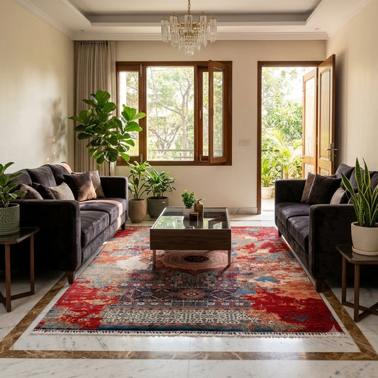 Red, blue and cream kilim rug with central medallion and distressed pattern
