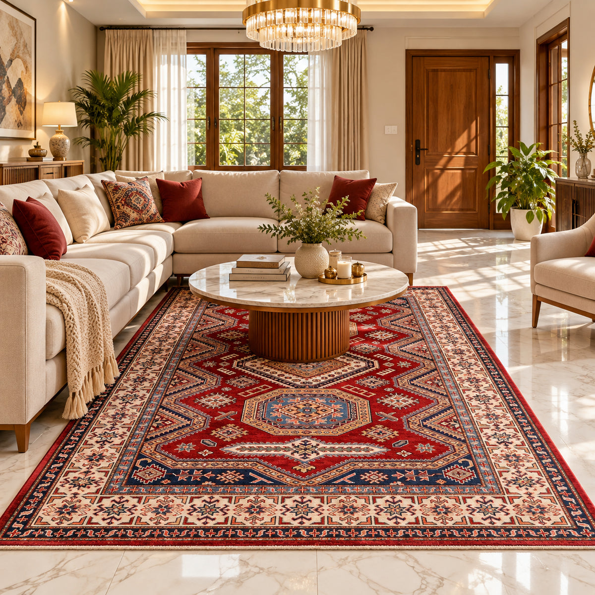 Red patterned area rug in living room on marble floor