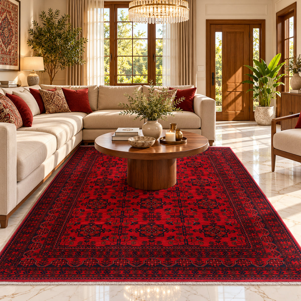 Red patterned area rug on floor in a living room seating area