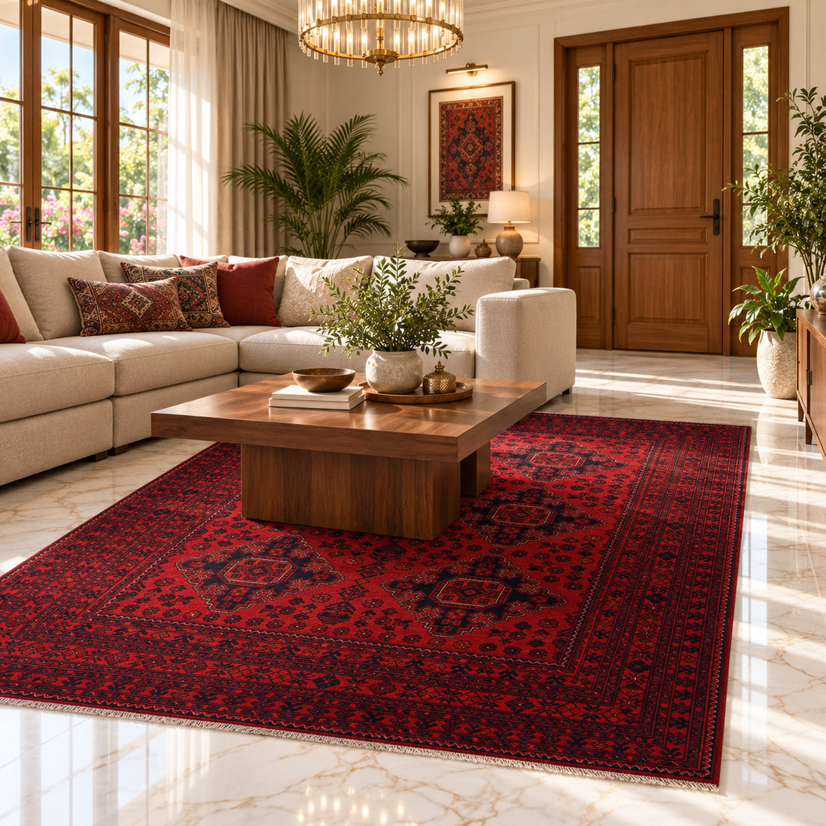 Rectangular red rug with intricate geometric motifs and traditional border
