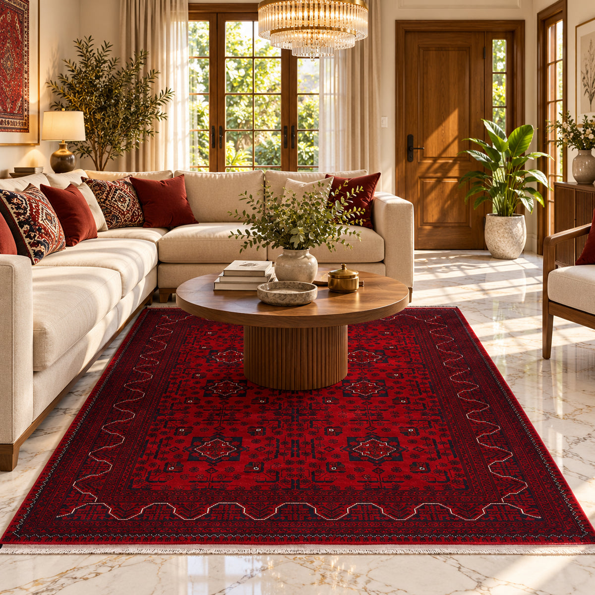 Red patterned area rug with central medallion, ornate border, rectangular, flat-woven pile