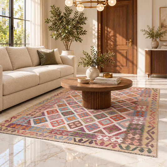 Beige kilim rug with geometric multicolor pattern in a living room setting