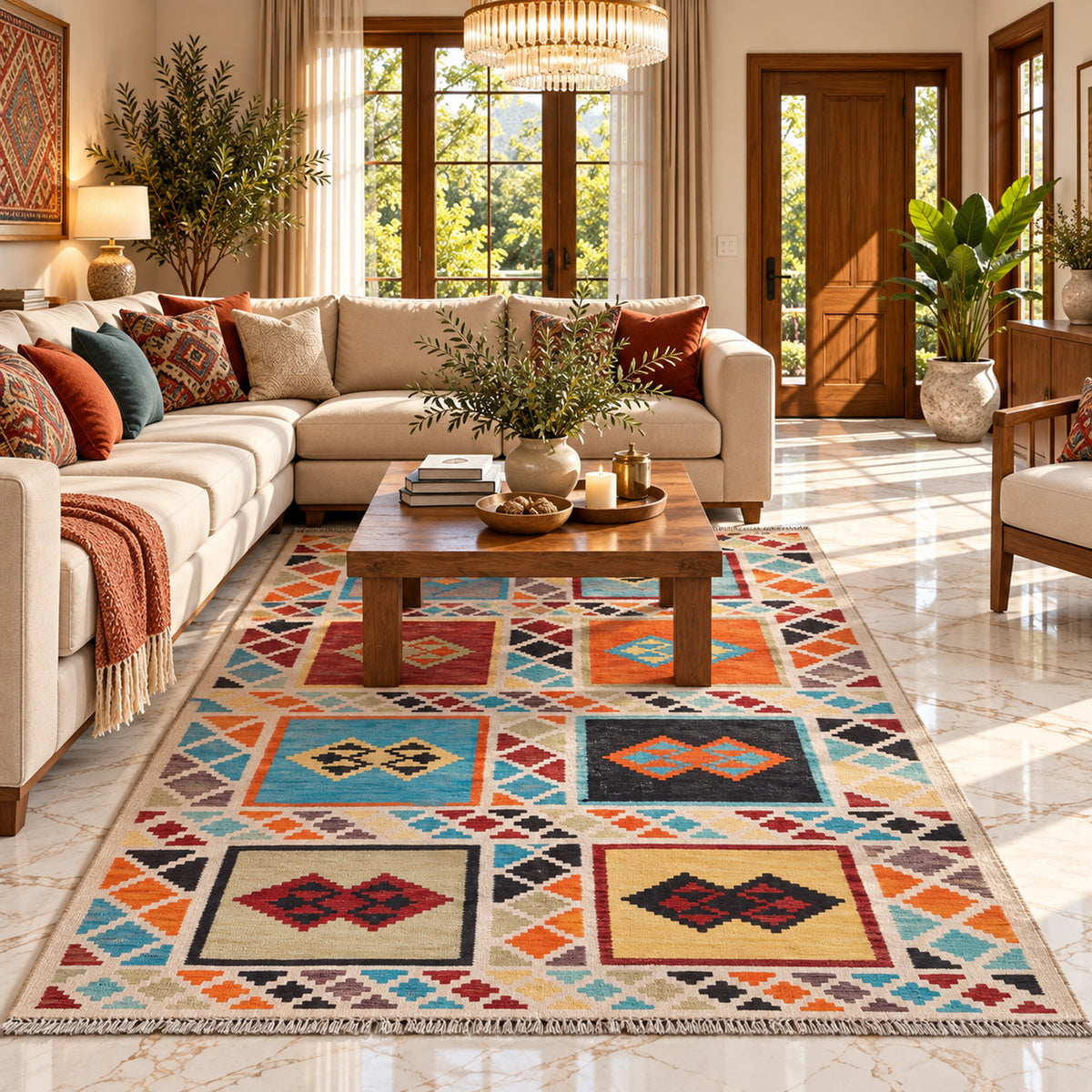 Multicolor kilim area rug with geometric diamond motifs, flatwoven design