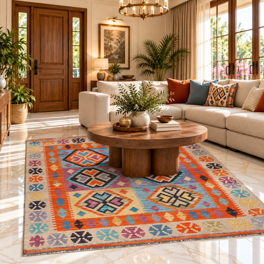 Geometric orange kilim area rug with multicolor border, flatweave pattern