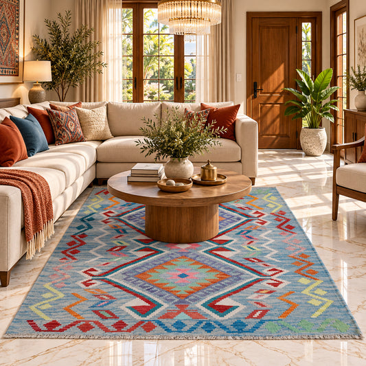 Kilim rug on floor with blue geometric diamonds and red-orange accents in a living room