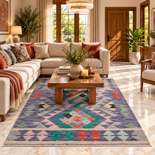 Geometric kilim rug with multicolor diamond patterns on a grey base