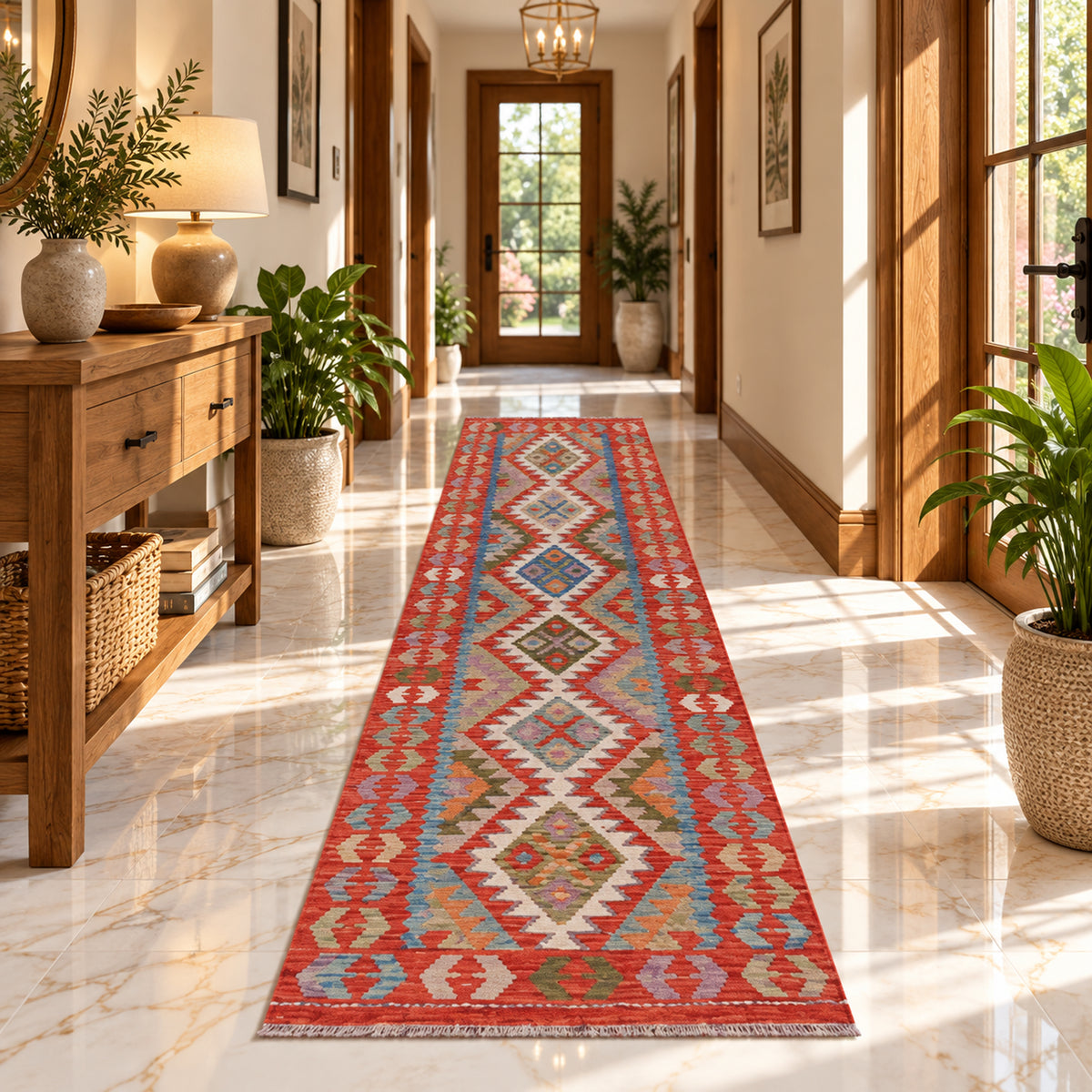 Nomad Echo kilim rug with red border and geometric diamond pattern, rectangular runner size