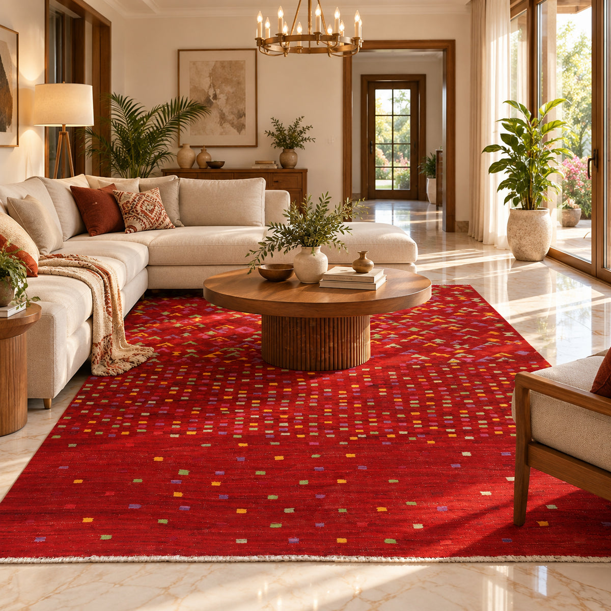 Crimson mosaic red kilim rug with multicolor geometric mosaic pattern, full view