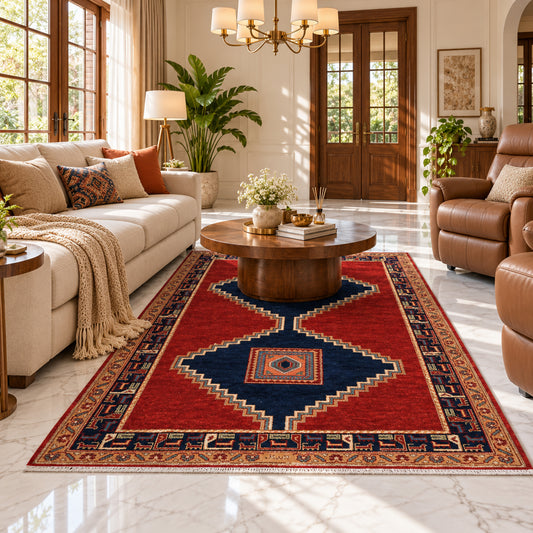 Red area rug with geometric medallion and dark blue border