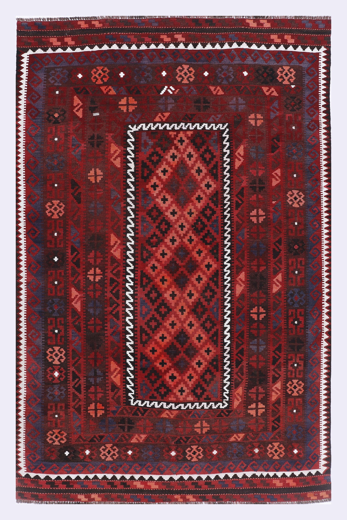 Red kilim rug with geometric border and central diamond, 241x156 cm