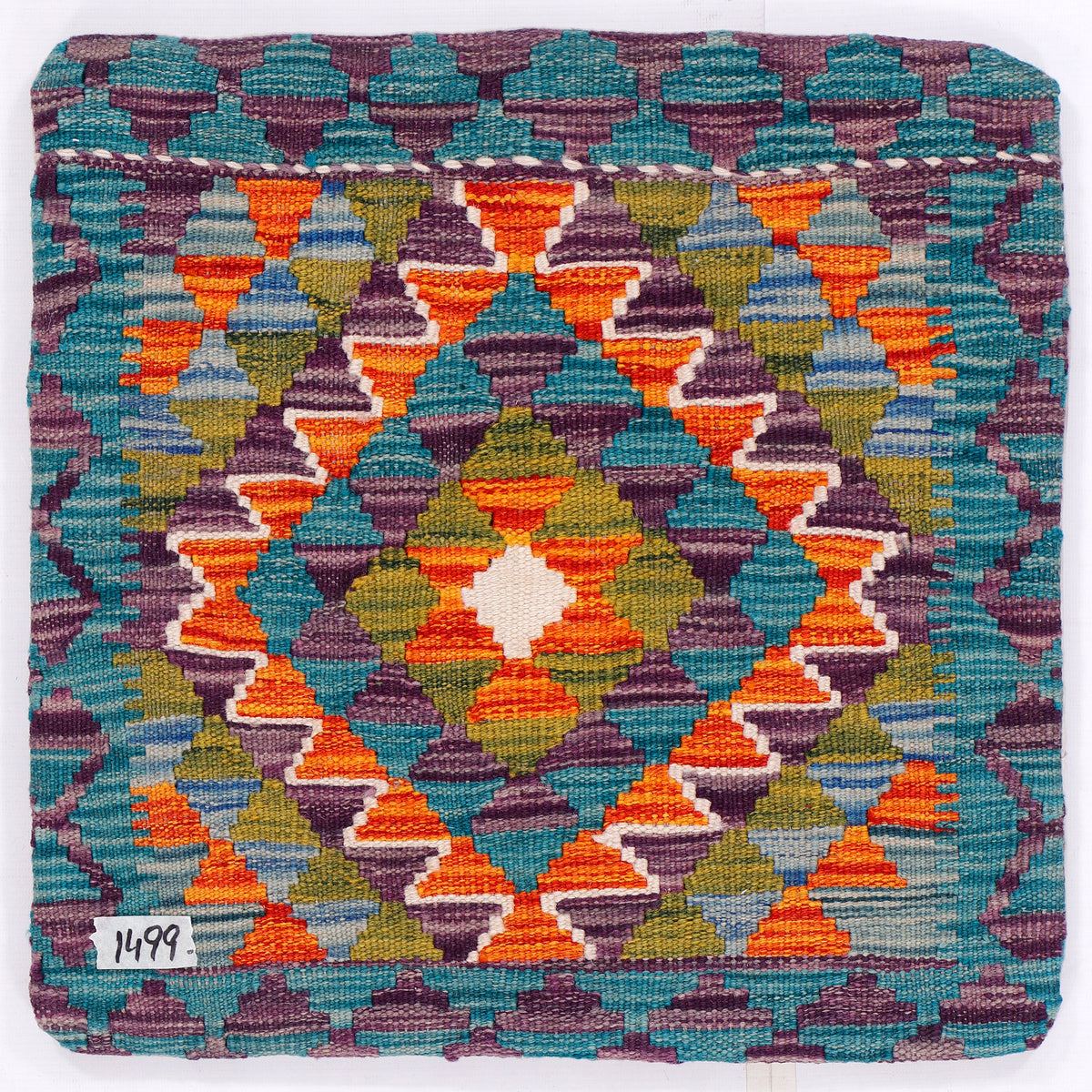 Turquoise kilim cushion cover, 45x45 cm, close-up geometric diamond pattern on square front
