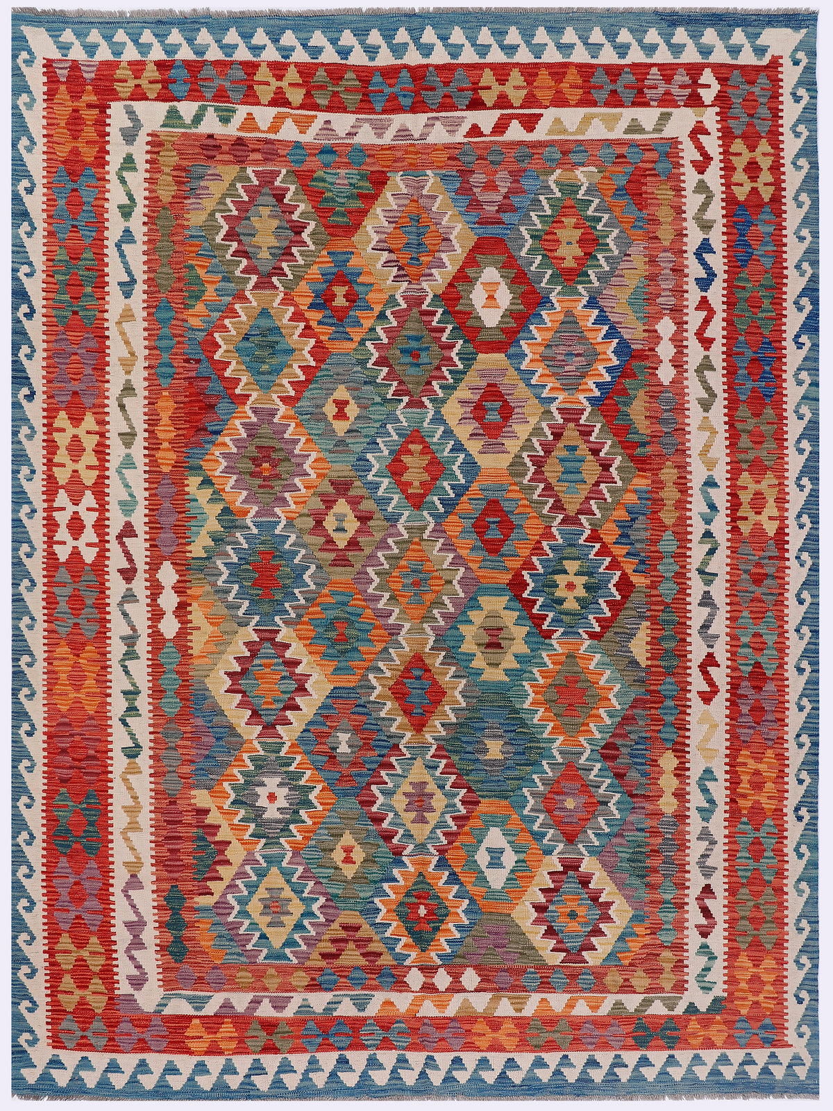 Kilim rug with central diamond medallion and repeating zigzag borders