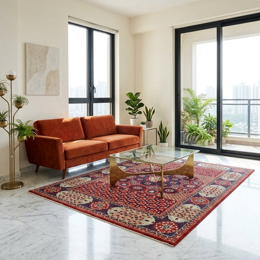 Mamluk rug with red-and-blue geometric medallion design laid on the floor