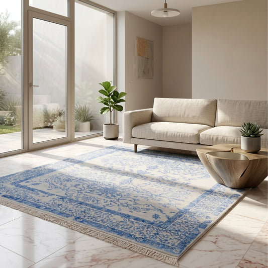 Modern rug 310x244 cm with blue ornate pattern laid on floor beside sofa and decor