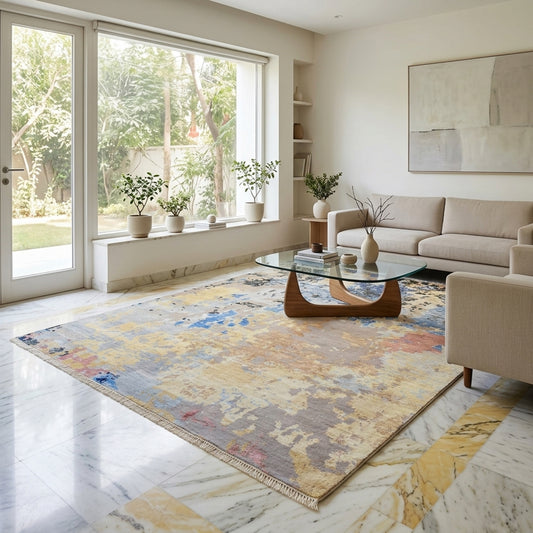 300x240 cm modern abstract rug centered in a room, faded beige with blue and rust