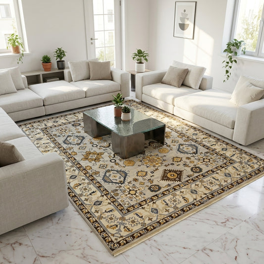Oushak rug in living room setting: ivory field with navy and gold geometric border and medallions.