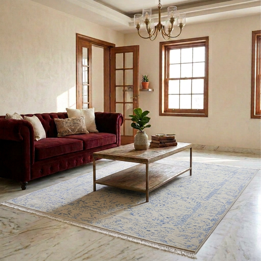 Nordic ice blue area rug with distressed floral pattern, 240x168 cm