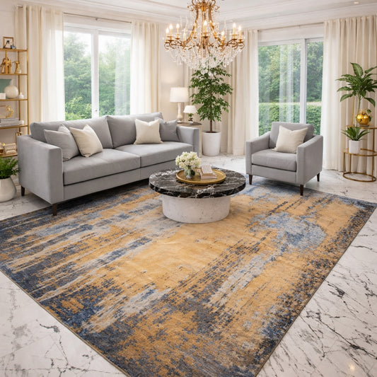 Modern Tibetan rug with blue and beige distressed abstract pattern and border