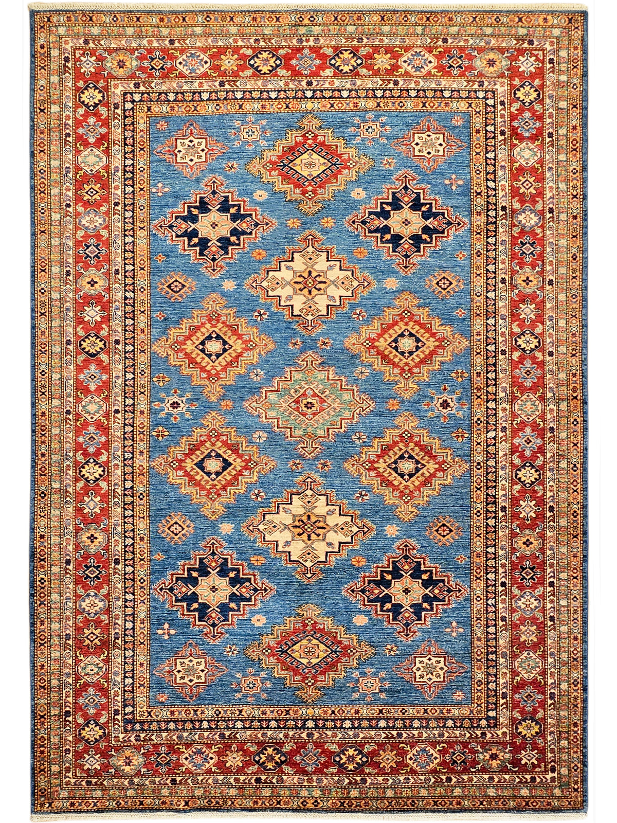 Blue rectangular rug with red outer border, central diamonds, and repeating corner motifs.