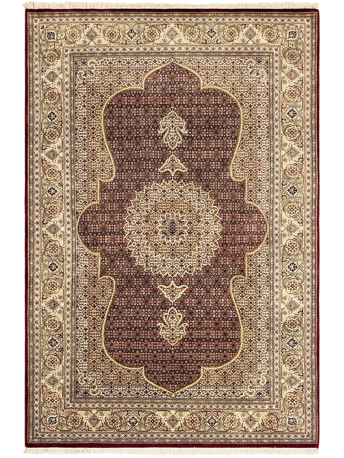 Patterned area rug with central arch medallion in dark red and beige with border