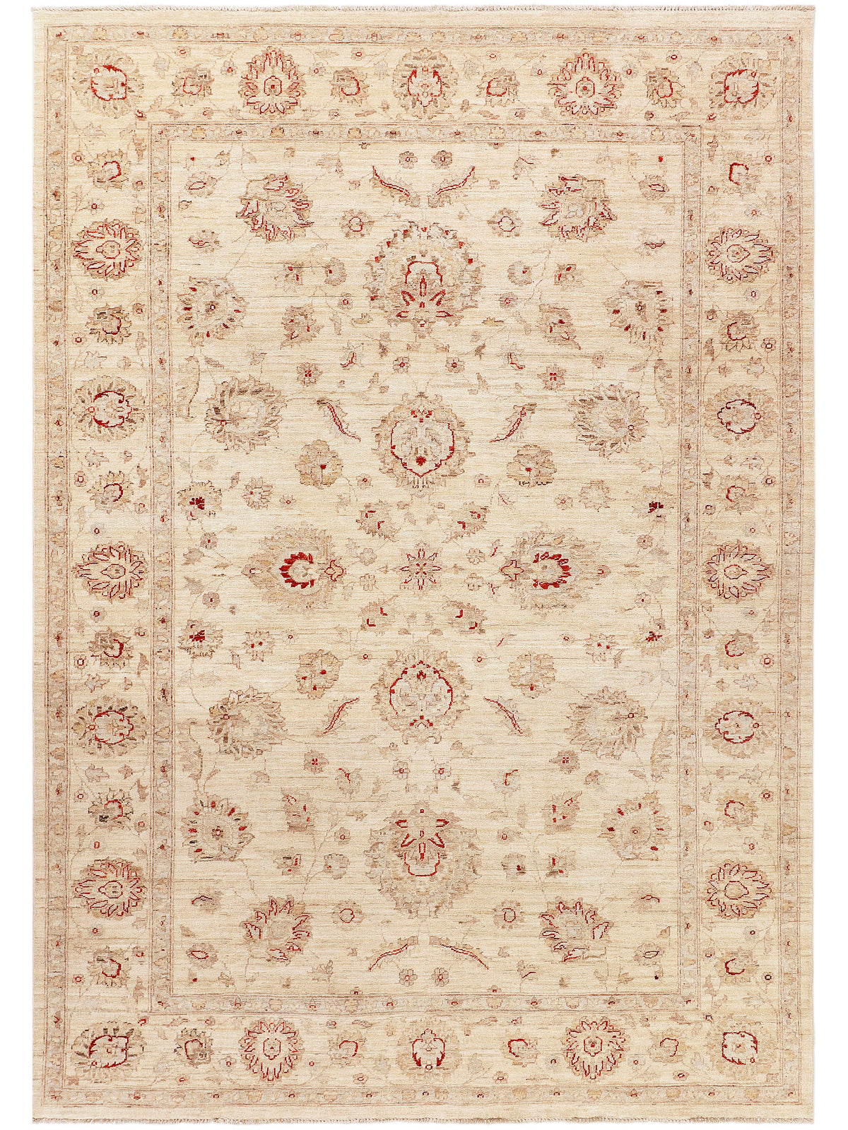 Afghan rug with cream background and small red ornamental medallions