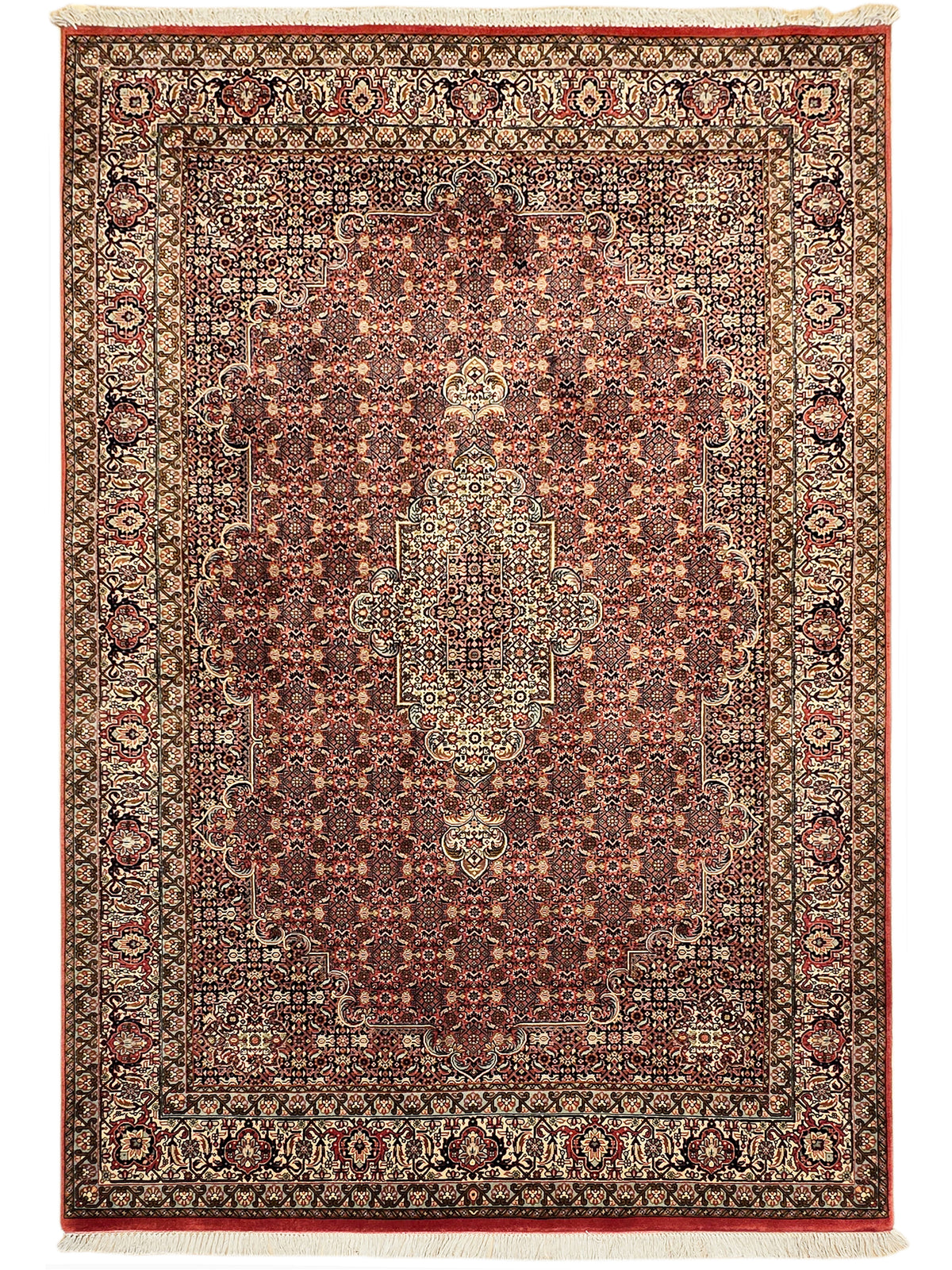 Bidjar rug with central medallion in rust red, cream, and dark motifs; bordered design.
