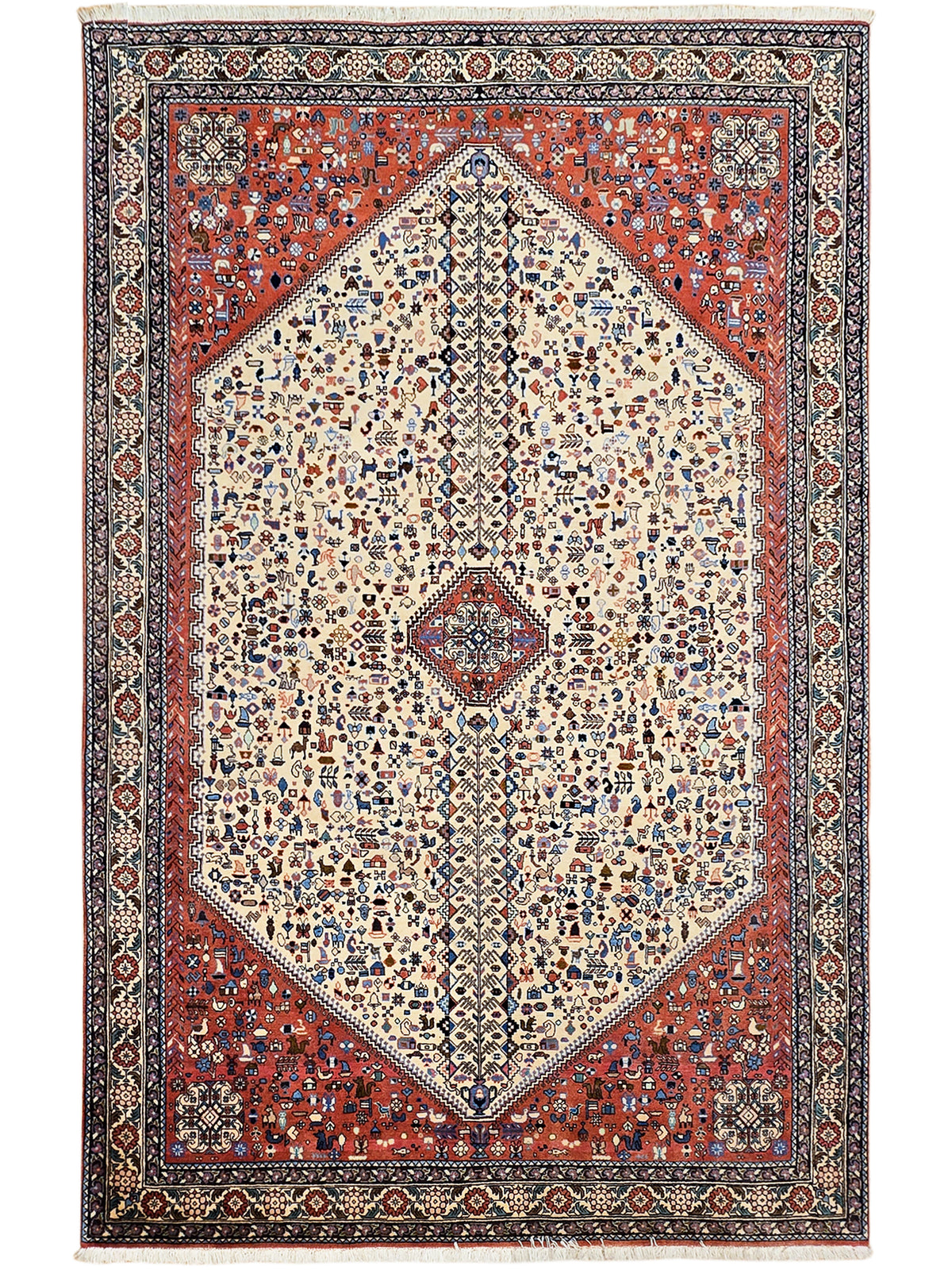 Rectangular rug with cream diamond medallion on red field, ornate navy and ivory border