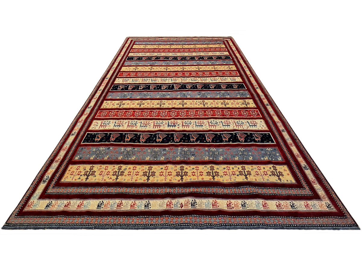 Rectangular area rug with multicolor horizontal band pattern in red, blue and cream