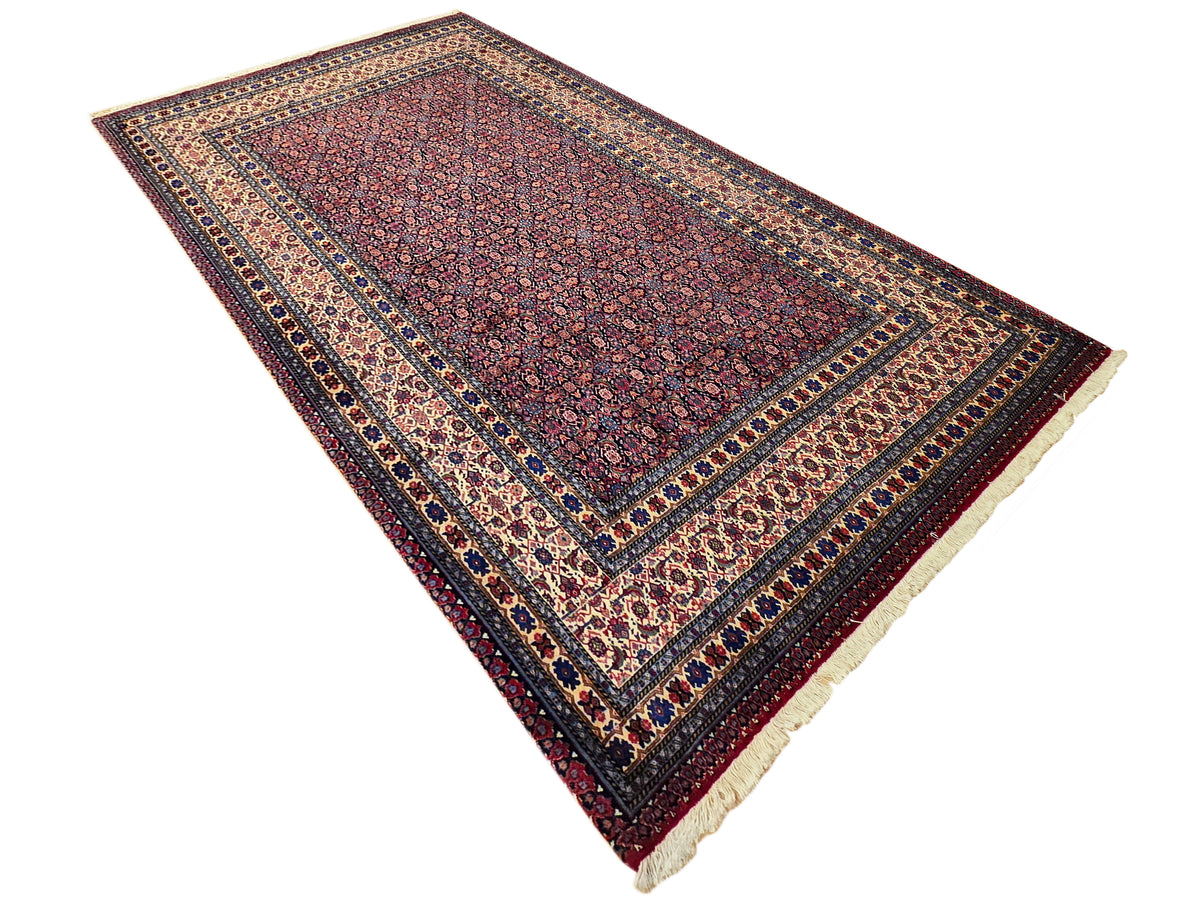 Dark navy area rug with red center and ornate cream-and-gold border lines.